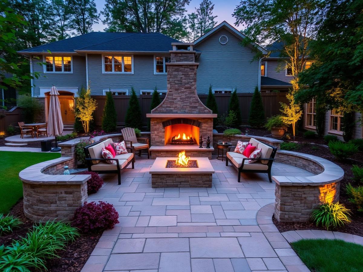 Flagstone patio with outdoor fireplace